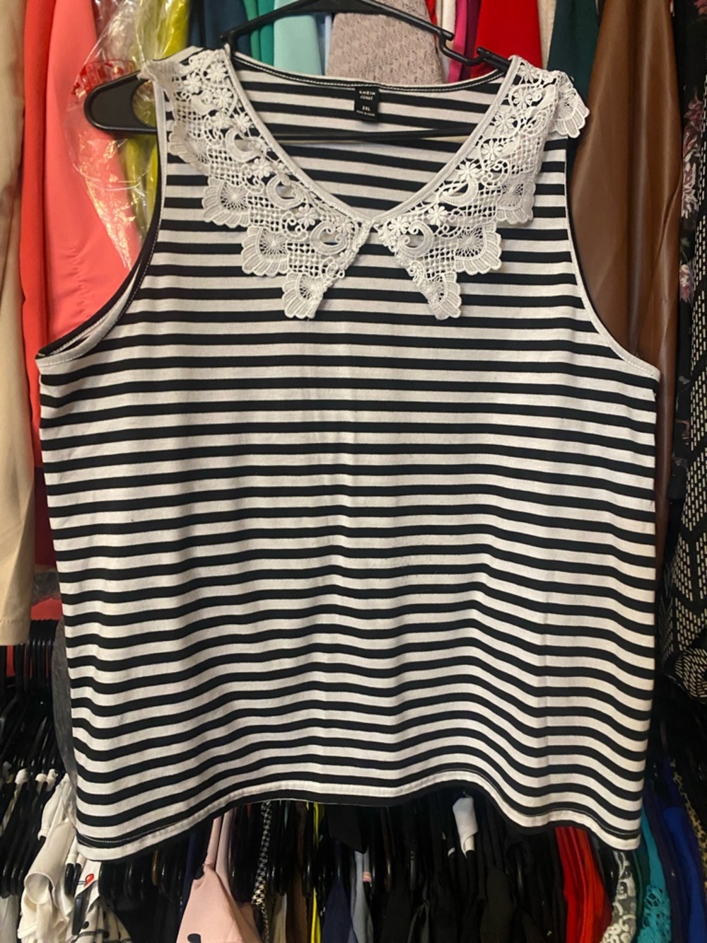 SHEIN Black & White Striped Sleeveless Tank with Lace Collar